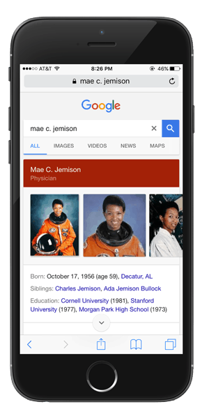 Google on iPhone - search result for Mae C. Jemison, U.S. Astronaut. The image shows several photos of here, her birthdate, and other biographical details.