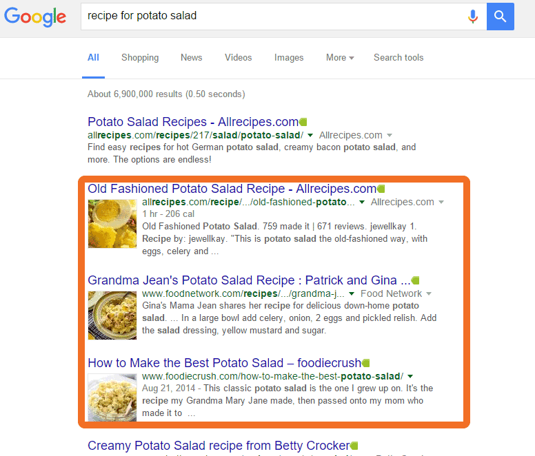 Screen shot of inline search results for query, "recipe for potato salad" showing images, ratings, links, etc.