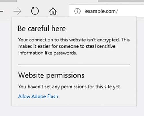 How (non-secure) http URLs appear in the Microsoft Edge browser