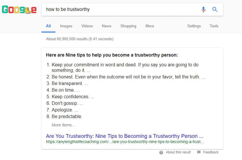 Screenshot of Featured Snippet for Gretchen Hydo's "Are You Trustworthy" article