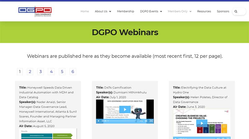 Screenshot of DGPO Webinars page.